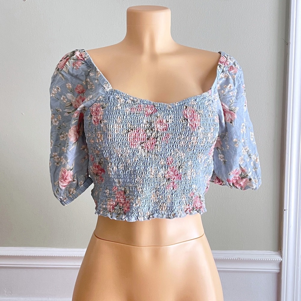 American Eagle Floral Crop Top Women Medium Smocked Puff Sleeve Blue Cottagecore